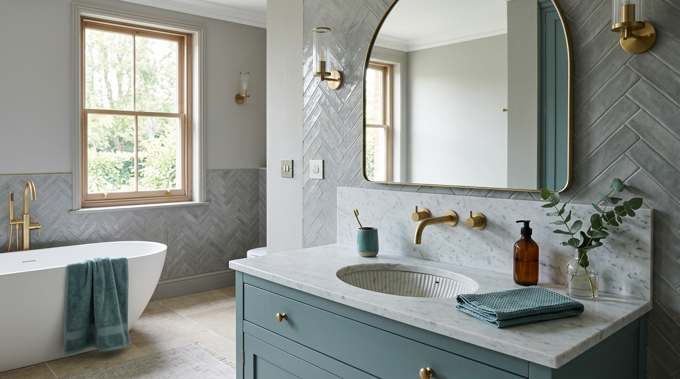Luxury bathroom — marble basin and brass fittings