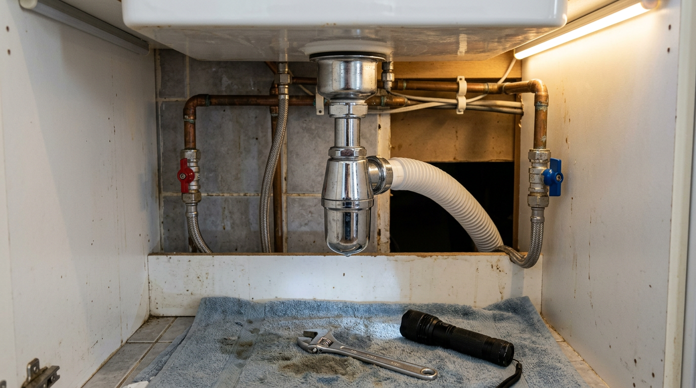 Under-sink pipework and tools — emergency plumbing repair context