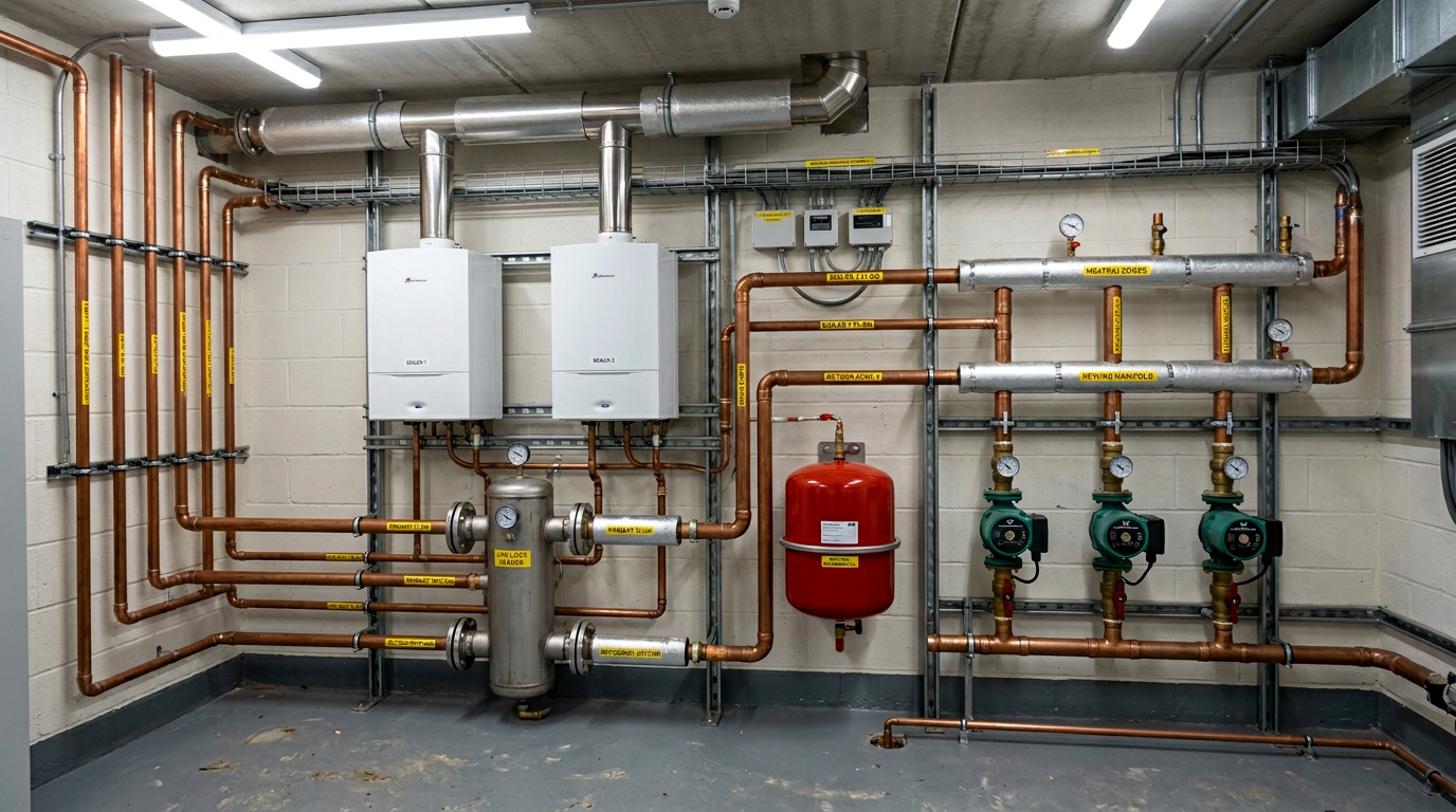 Plant room pipework and boiler installation